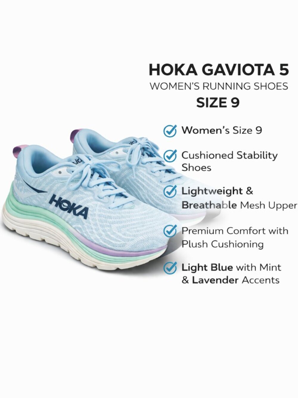 HOKA Gaviota 5 Women's Running Shoes - Light Blue with Mint & Lavender Accents